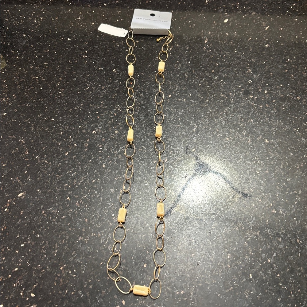 New York & Company gold-tone link necklace  w cream rectangular beads New